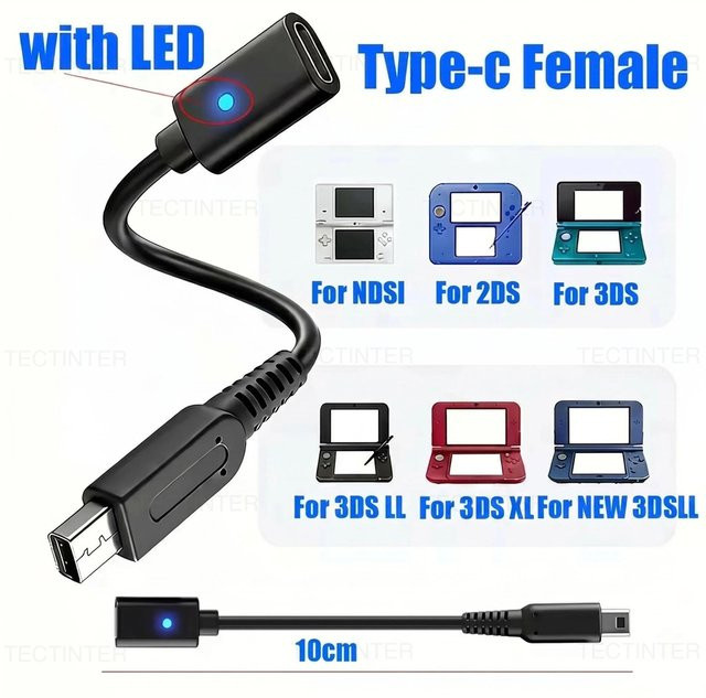 USB Typ-C Ladekabel Adapter für Nintendo NDSi 2DS 3DS 3DSLL 3DSXL Spielkonsolen in Schwarz mit LED-Anzeige - Bild 1