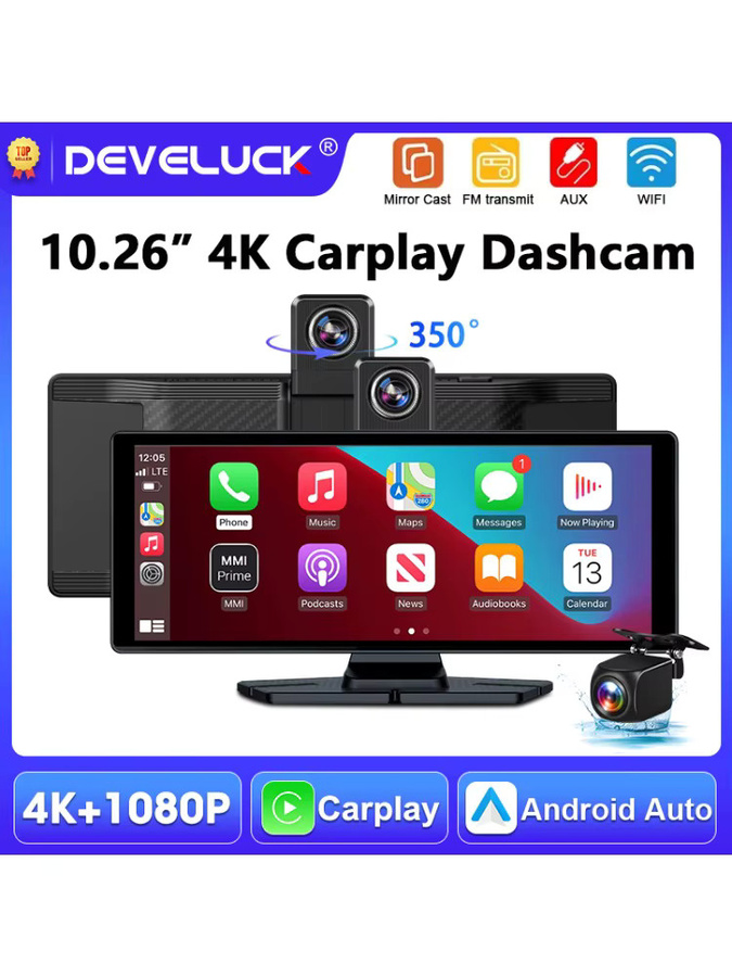 Develuck 4K Dashcam mit 10,26 Zoll Display, 360 Grad drehbarer Kamera, Carplay, Android Auto, Bluetooth 5.0 und GPS-Navigation, Schwarz - Bild 6
