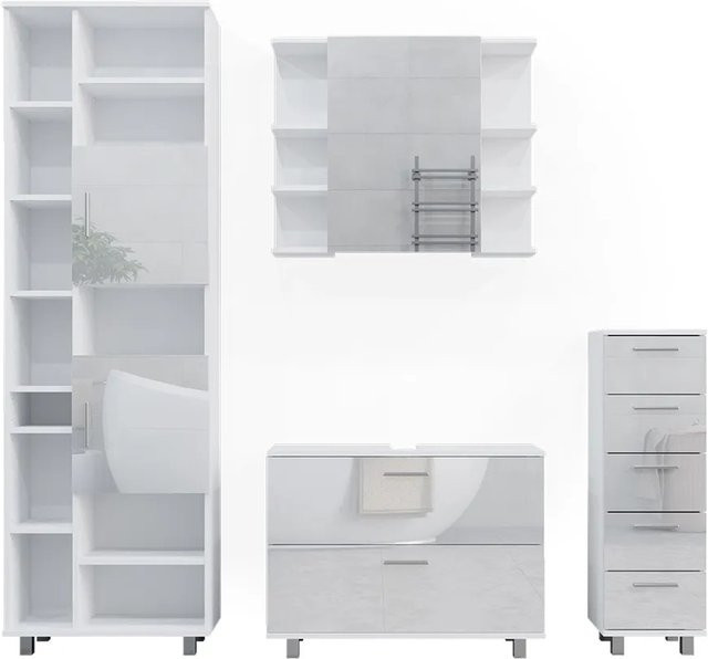 Vicco Badmöbel-Set Ilias Weiß Hochglanz modern mit Spiegelschrank und Hochschrank - Bild 2