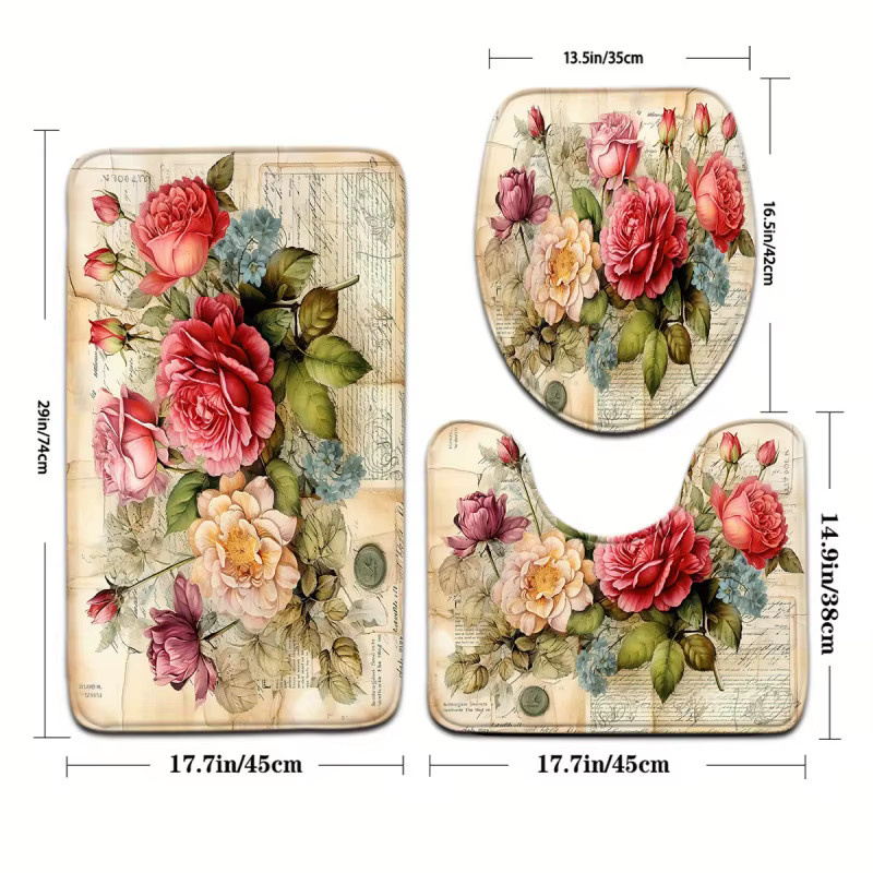 VIKAMA Vintage Blumen-Badematte im Ölgemälde-Stil, rutschfester und wasserabsorbierender Teppich in Multicolour - Bild 3