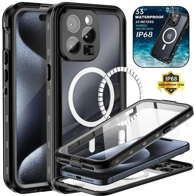 Huikai Wasserdichte magnetische Schutzhülle mit IP68 Zertifizierung für iPhone 16 15 14 13 Pro Max Plus, Ganzkörperschutz, Schwarz - Bild 1