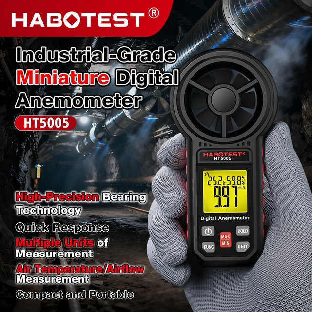HABOTEST HT5005 Hand-Anemometer in Schwarz zur Messung von Windgeschwindigkeit, Temperatur und Luftstrom - Bild 1