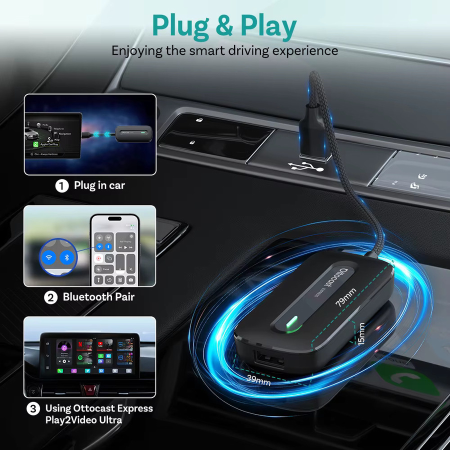 Ottocast Play2Video Pro AI Box Wireless CarPlay und Android Auto Adapter in Schwarz mit integriertem YouTube, Netflix und IPTV für dein Auto - Bild 3
