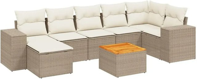 vidaXL 8-teilige Garten-Sofagarnitur in L-Form aus Poly-Rattan und Akazienholz mit Kissen in Beige-Creme - Bild 1