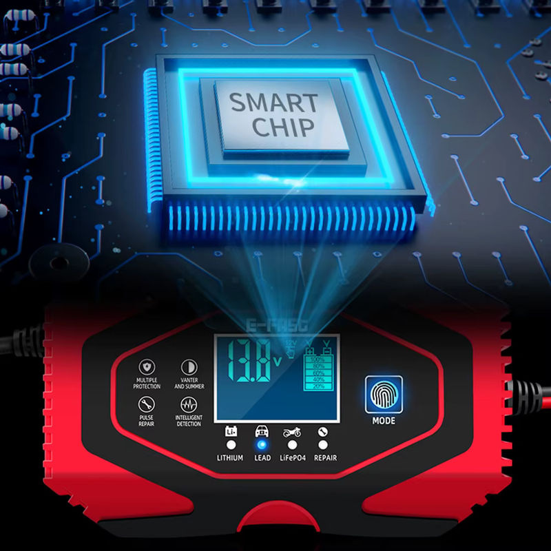 7-stufiges Motorrad- und Autobatterie-Ladegerät mit Puls-Reparatur-Funktion für Gel, AGM, Lithium LiFePo4 und Nass-Blei-Säure-Batterien, 12 V 6 A und 24 V 3 A, Rot - Bild 4