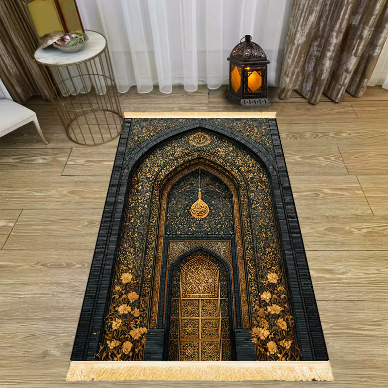 VIKAMA Premium Gebetsteppich mit blauem und goldenem Moschee-Design, rutschfester orientalischer Quastenteppich - Bild 3