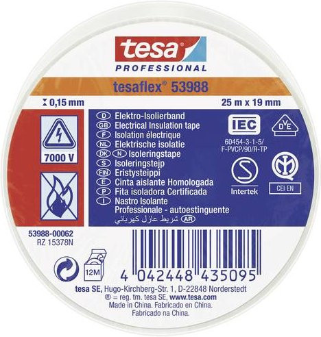 Tesa tesaflex IEC 53988-00062-00 Isolierband aus PVC in Weiß, Breite: 19 mm, Länge: 25 m - Bild 1