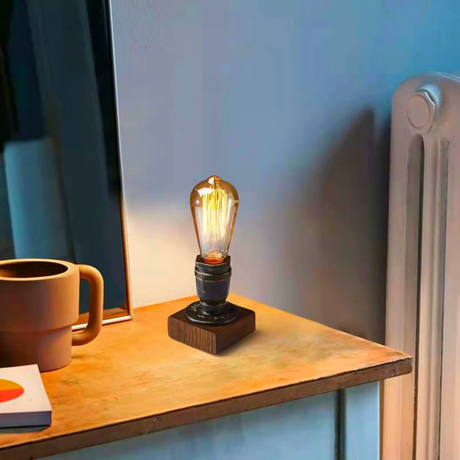 XIHOME Retro-Industrie Tischlampe aus Holz im Vintage-Design mit E27 Fassung - Bild 3