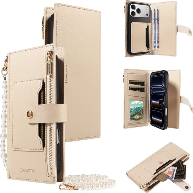 EAACAA Leder-Handyhülle mit Magnetverschluss, Kartenfächern und Ständer für iPhone 17e, 17 Pro Max, 16, 15, 14, 13, 12, 11 in Blau und Beige - Bild 1