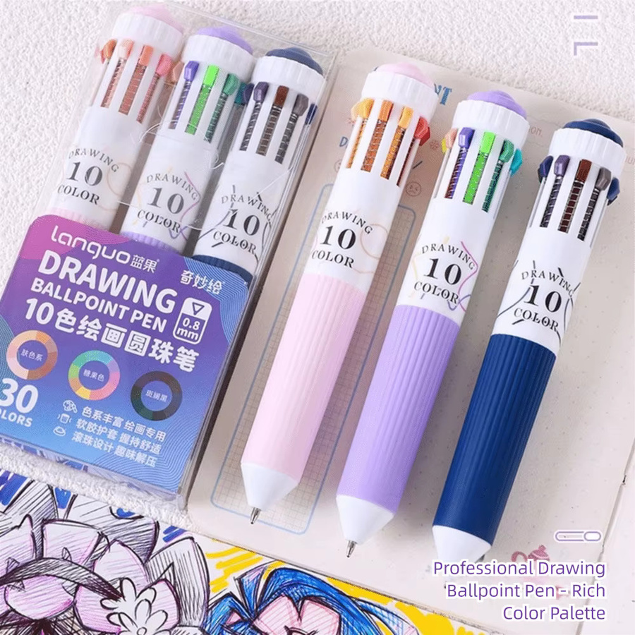 3er Set bunte Mehrfarben-Kugelschreiber mit 10 Farben und 0,8 mm Schriftdicke für Zeichnungen und Markierungen - Bild 2