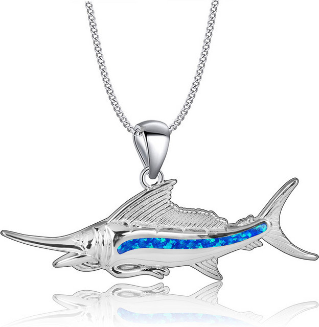 Halskette mit Segelfisch-Anhänger, Silber, Opal, Unisex - Bild 1