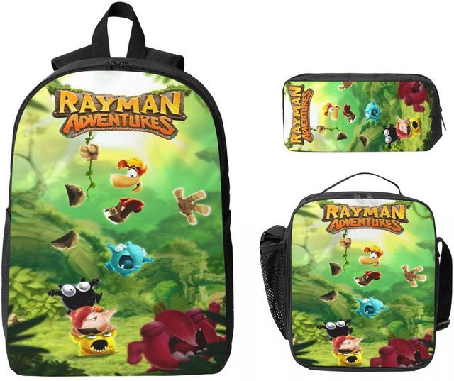 3-teiliges Rayman's Legend Merch Schultaschen-Set von Fancy Style Studio mit Rucksack, Federmäppchen und Brotdose in Schwarz und Multicolour - Bild 1