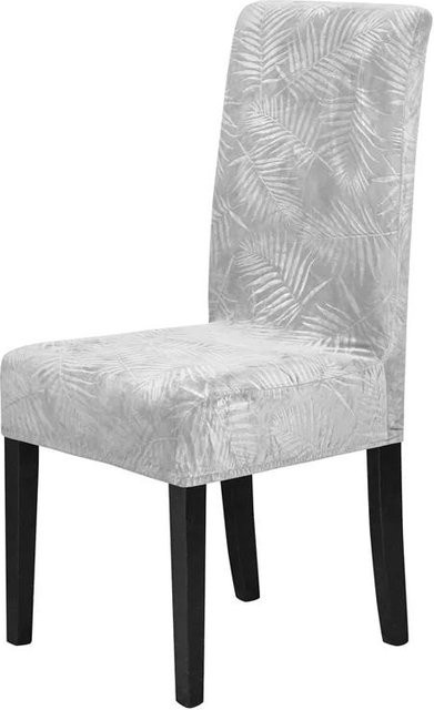 Weicher Samt Esszimmerstuhlbezug mit Blätter-Jacquard-Muster, elastische Stuhlhusse in Grau, 1 oder 4 Stück - Bild 1
