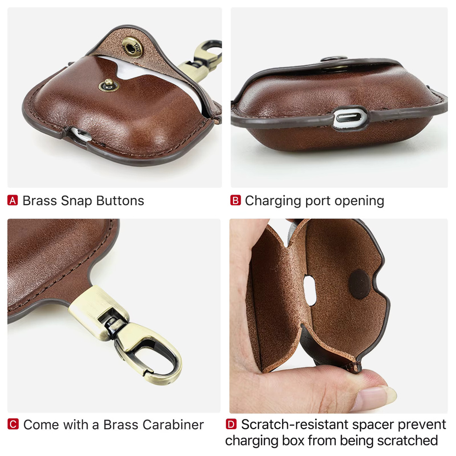 Echtlederhülle für Apple AirPods Pro der 1. Generation, 2. Generation und 3. Generation in Braun mit Haken - Bild 4