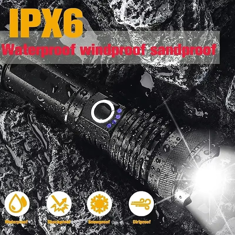 XIWANGFIRE LED-Taschenlampe in Schwarz, wiederaufladbare taktische Taschenlampe aus Aluminium mit Zoom für Outdoor und Notfälle - Bild 6