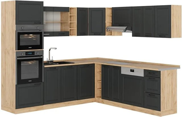 Vicco R-Line Eckküche Landhausstil in Anthrazit und Eiche mit Goldkraft-Akzenten, B: 237 cm, T: 60 cm - Bild 1