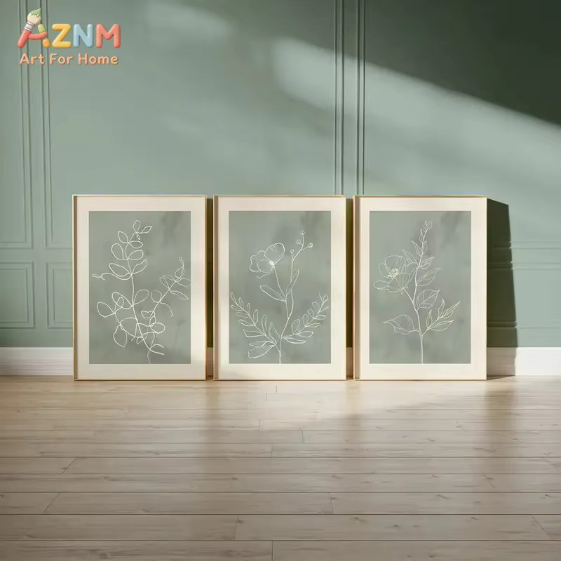 Kayou Botanisches Leinwand-Wandbild mit floralen Linienkunst-Motiven in Salbeigrün im Boho-Stil - Bild 3