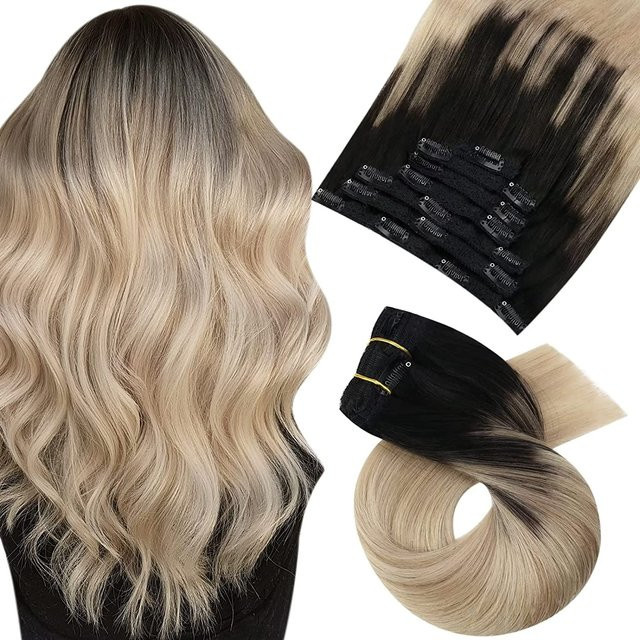 Moresoo Clip-in-Echthaarverlängerungen, brasilianisches Haar, glatt, 1B/18/60 Schwarzes Ombre Blondes Haar - Bild 1