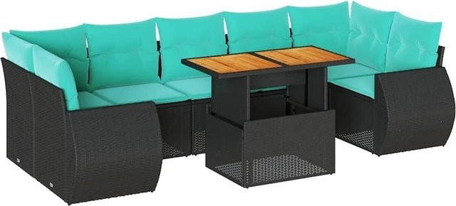 vidaXL 8-teilige Garten-Sofagarnitur aus Poly-Rattan und Akazienholz in Schwarz mit blauen Kissen - Bild 1