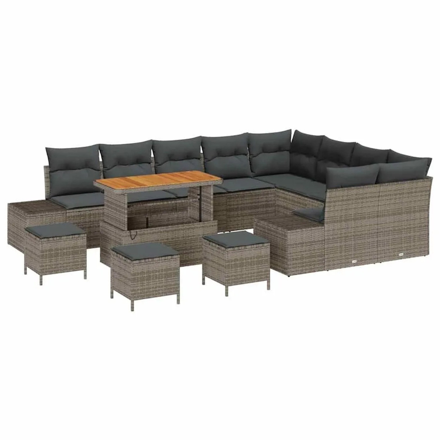 vidaXL Gartensofa-Set aus Poly Rattan in Grau mit Kissen und Stauraumfunktion, 13-teiliges Lounge-Set mit Tisch und Hockern - Bild 2