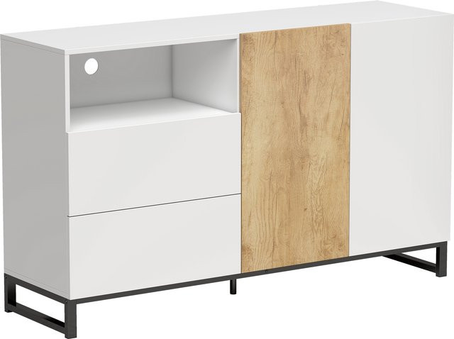 HOMCOM Sideboard Moderner Aufbewahrungsschrank mit 2 Soft-Close-Türen und 2 Schubladen in Weiß, B/T/H: 140 x 40 x 85 cm - Bild 1