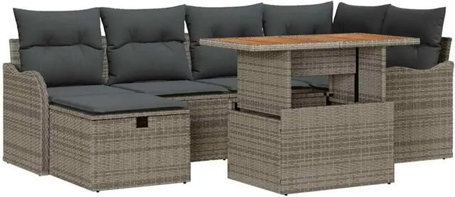 vidaXL Garten-Sofa-Set 7-teilig aus Poly Rattan und Akazienholz in Grau mit Polstern und Kissen - Bild 1
