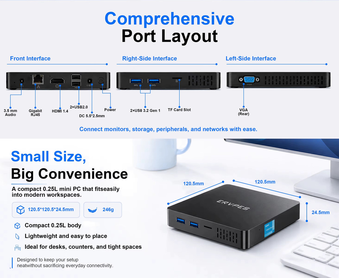 ERVPES Mini-PC B20E Kompakter Desktop mit Intel Prozessor, Windows 11, 8GB RAM, 128GB SSD, HDMI, VGA, Wi-Fi und Bluetooth in Schwarz - Bild 3