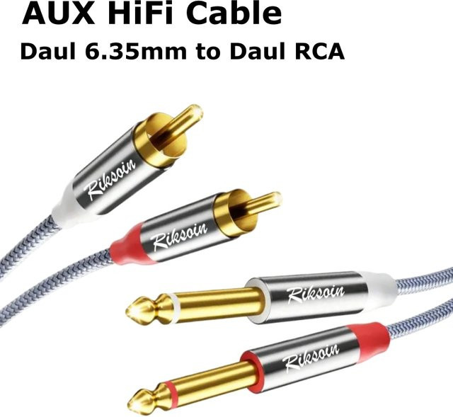 Riksoin Stereo-Audiokabel 2x 6,35-mm-TS auf Dual-RCA mit vergoldeter Kupferhülle in Grau - Bild 1