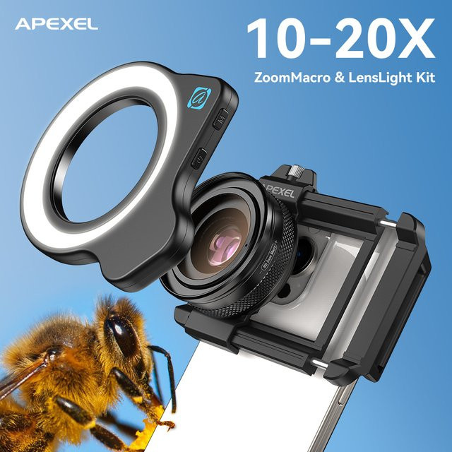 APEXEL 10-20X Zoom Makro-Objektiv mit LED-Fülllicht für iPhone, Samsung und alle Smartphones in Schwarz - Bild 1
