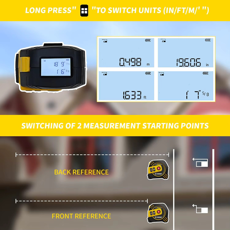 SURGOAL Multifunktions-Laser-Entfernungsmesser mit 80 m Reichweite, wiederaufladbar, inklusive 5 m Maßband und LCD-Display mit Hintergrundbeleuchtung - Bild 3