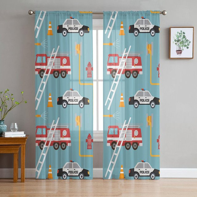 Transparenter Chiffon-Tüllvorhang mit Cartoon-Fahrzeugmotiven Blau, Breite: 100 cm, Höhe: 250 cm - Bild 1