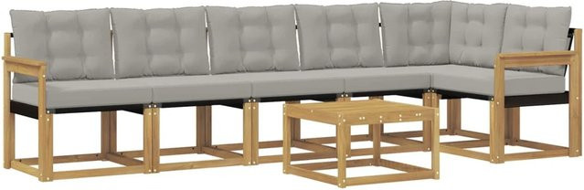 vidaXL Outdoor-Sofagarnitur 7-teilig aus Akazienholz mit Textilene und Kissen in Weiß-Hellgrau - Bild 1