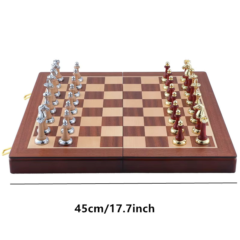 Yernea Schachfiguren aus Metall-Zink-Legierung und Holz, Klappschachbrett aus Holz, 45 cm - Bild 4