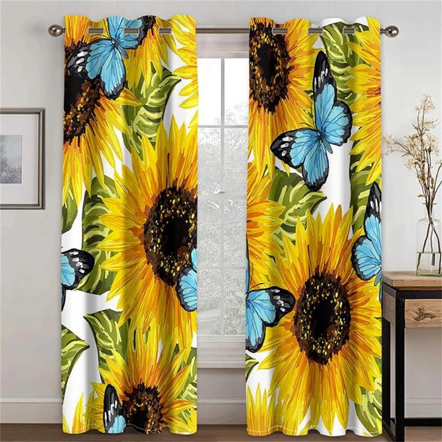 Yiran Furniture Dekorative Sonnenblumen Vorhänge im Vintage Pastoral Stil, Gelb, 2 Paneele, B/H: 50 x 60 cm - Bild 1
