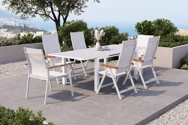 Kettler Garten-Essgruppe aus Aluminium, Glas und Teak in Weiß und Hellgrau mit ausziehbarem Tisch und 6 Stühlen - Bild 1