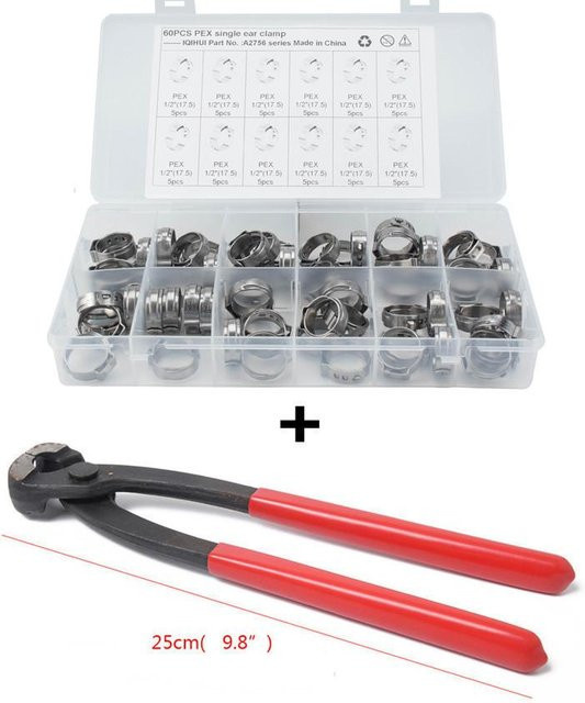 60 Stück Edelstahl O-Clip Schlauchschellen Set mit Zangenwerkzeug für Auto Hydraulikschlauch und Kraftstoffleitung, Farbe: Grau/Silber - Bild 1