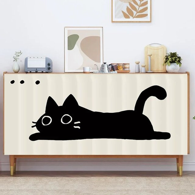 VIKAMA Staubschutzvorhang mit Katzen-Design in Weiß zur Dekoration von Küchenschrank, Schuhschrank oder Kleiderschrank ohne Bohren - Bild 1