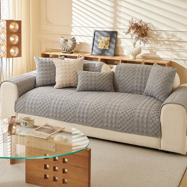 Superweicher Samt Plüsch Sofaüberwurf für Ecksofas in Grau, Rutschfeste Couchbezüge für das Wohnzimmer, B/B: 70 x 70 cm - Bild 1