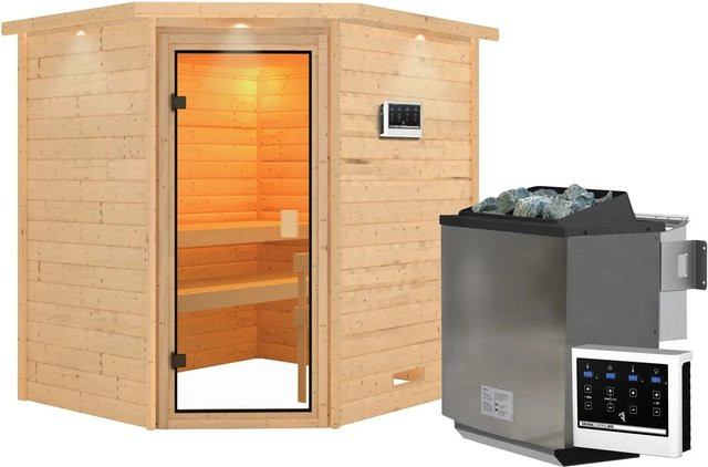Karibu Sauna Elea mit Kranz Set aus naturbelassener nordischer Fichte inklusive 9 kW Bio Ofen und externer Steuerung, Farbe: Braun, B/T/H: 223 x 183 x 191 cm - Bild 1