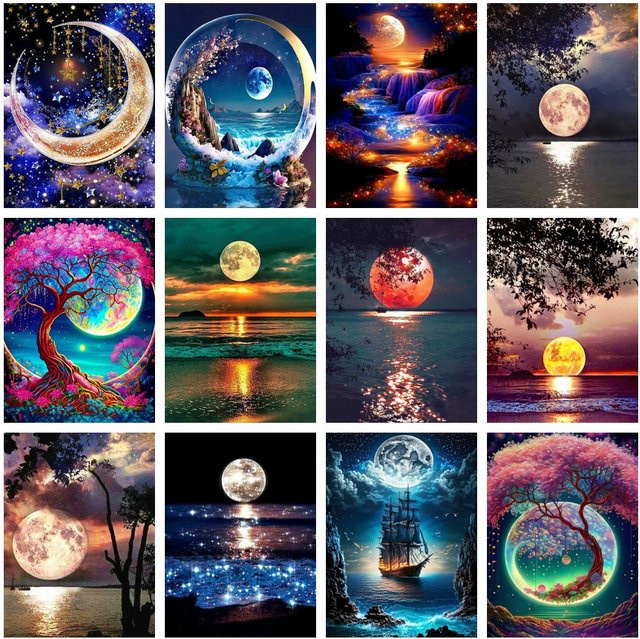 AZQSD Diamant-Malerei Mondlandschaft und Meer als 5D Kreuzstich-Set, Mehrfarbig, B/H: 30 x 40 cm - Bild 1