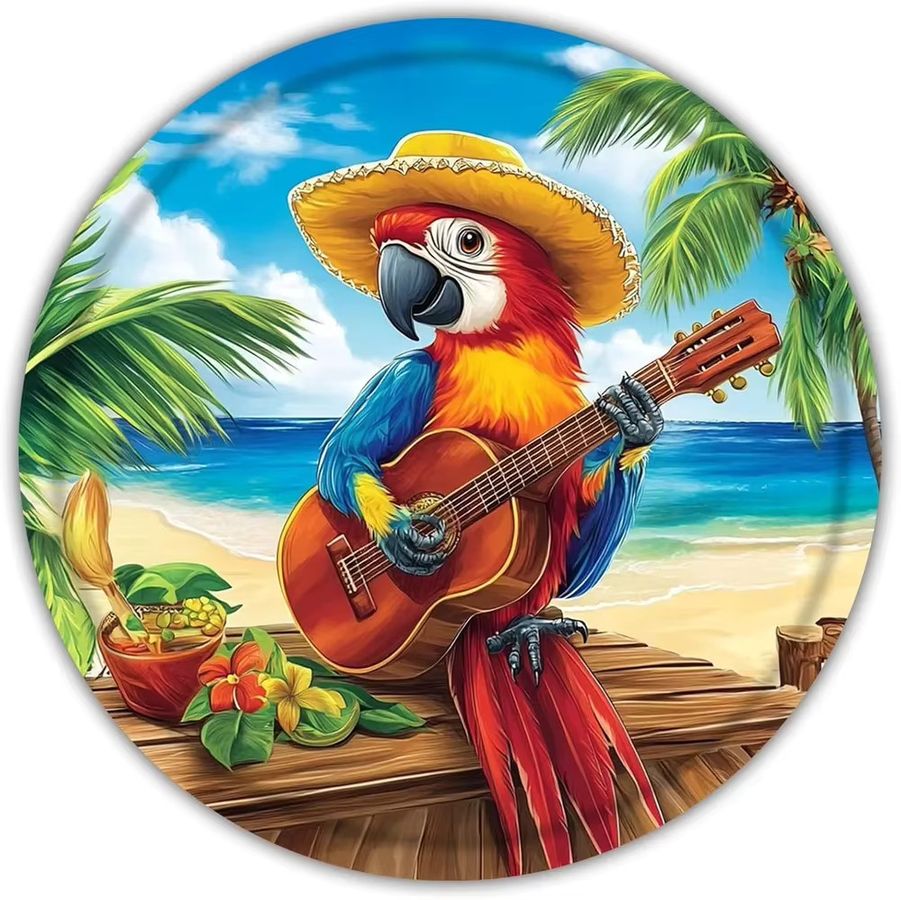Rundes Blechschild HELLOYOUNG Wanddekoration im Retro-Stil mit Papagei, Gitarre und Strand, Durchmesser: 20 cm - Bild 2
