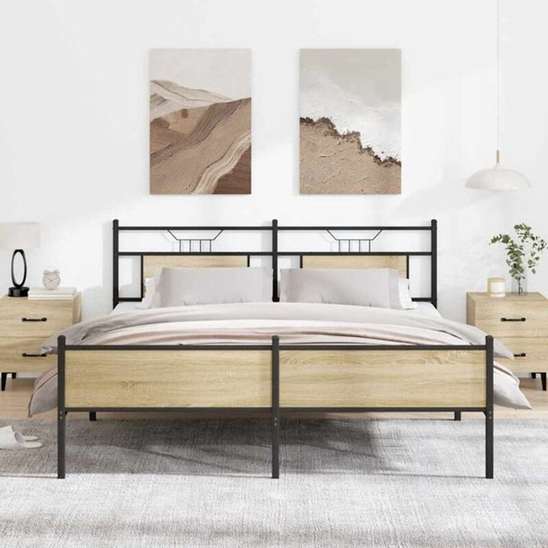 Metallbett Vidaxl im Industrial Design, Farbe Sonoma-Eiche Natur, B/T/H: 183 x 213 x 91,5 cm - Bild 1