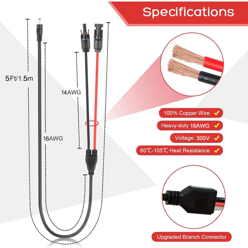 April Ample Solarpanel-Stecker zu DC5521 DC7909 Adapterkabel, 1,5 m, Schwarz, für Oukitel P800E, Jackery, Bluetti und Goal Zero Tragbare Powerstation - Bild 2