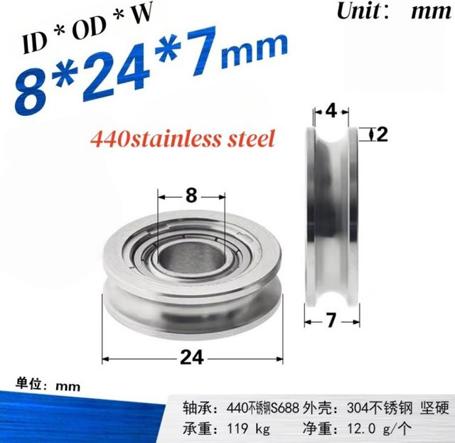 SEEJIE 5er Set U-Nut-Räder aus Edelstahl mit Stahldrahtseil, Farbe: Silber, B/T/H: 8 x 24 x 7 mm - Bild 1