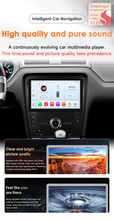 OSSURET Android 14 Autoradio für Ford Mustang 2010-2014 mit 10,1 Zoll Display, Snapdragon 6115 8-Kern Prozessor, GPS-Navigation, kabellosem CarPlay und Android Auto, Schwarz - Bild 2