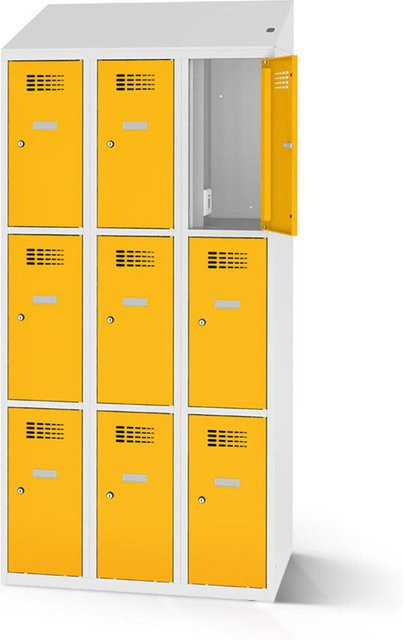 rotstahl Fächerschrank mit Ladefunktion und 9 Fächern in Gelb mit lichtgrauem Korpus, B: 90 cm, H: 200 cm - Bild 1