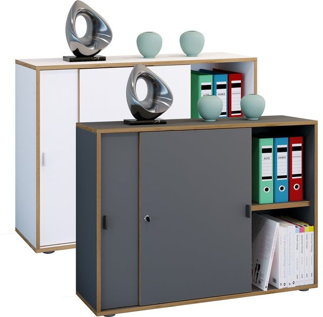 VCM Büroschrank Salia mit 2 Fächern und Schiebetüren, moderner Aktenschrank mit höhenverstellbaren Fachböden und Schloss, H x B x T: 74 x 100 x 37 cm - Bild 1