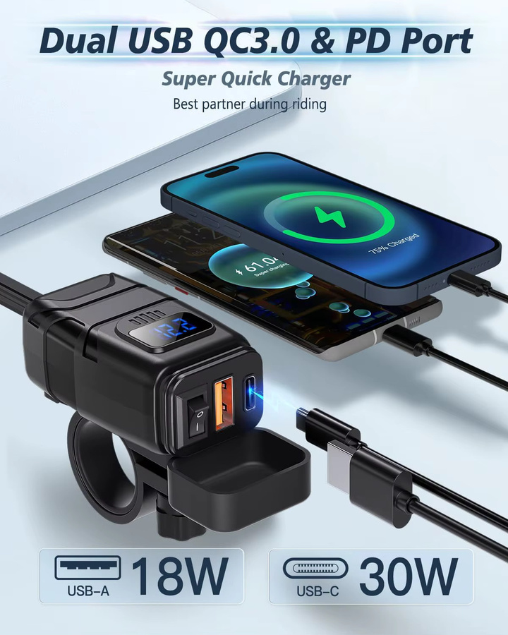 Extractme Motorrad USB Schnellladegerät mit USB-C Port, Wasserdichtes Ladegerät mit LED Digital Voltmeter für Fahrrad und Motorrad in Schwarz oder Blau - Bild 5
