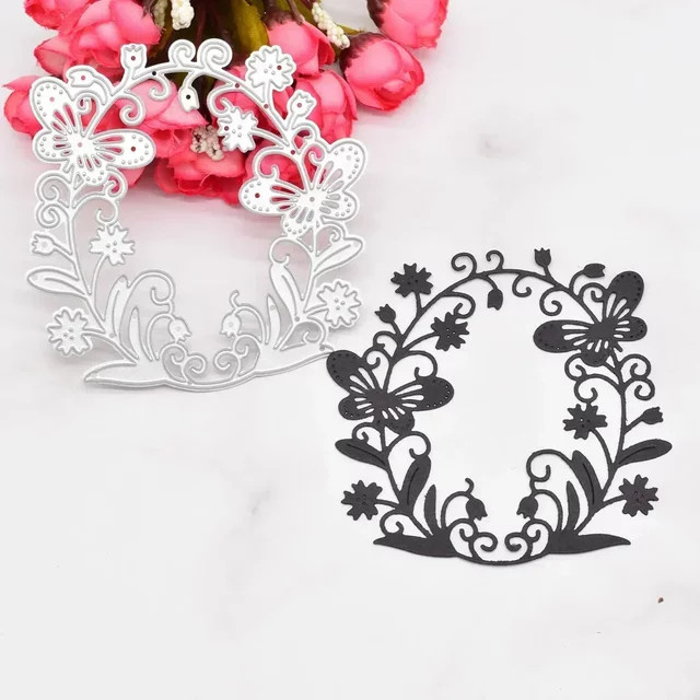 Ovaler Metall-Schneideform Rahmen mit Schmetterlings- und Blumenmotiv in Silber für DIY Scrapbooking und Bastelarbeiten - Bild 1