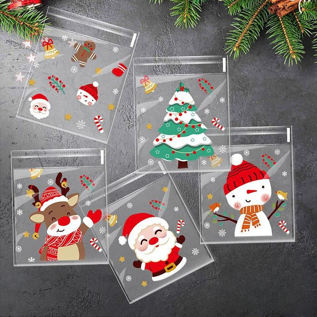 100 Stück Weihnachts-Geschenktüten von Love Home Garden aus OPP mit selbstklebendem Verschluss und festlichen Cartoon-Designs für Süßigkeiten und Kekse - Bild 1